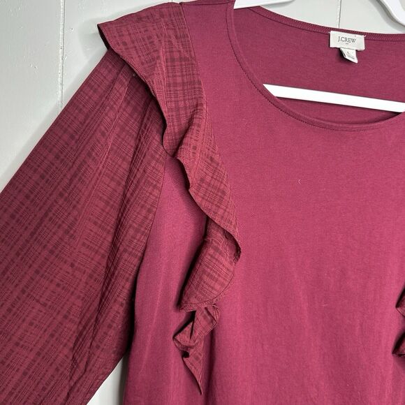 J Crew Ruffle Shoulder Top Womens Large L Burgundy Jacquard Sleeves Peasant - Picture 3 of 12